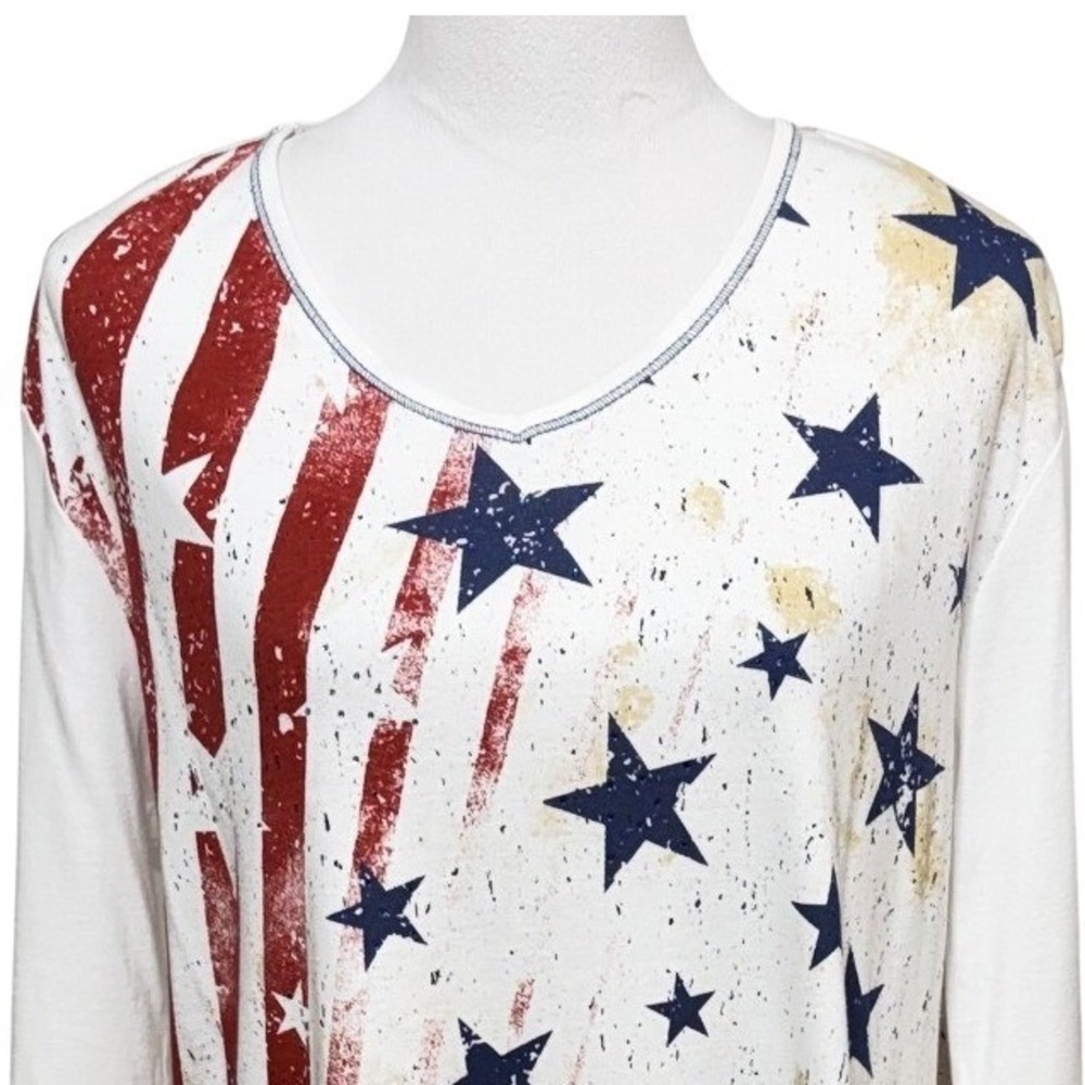 NEW Jess & Jane Top Women XL White Stars & Stripes Patriotic 3/4 Sleeve USA